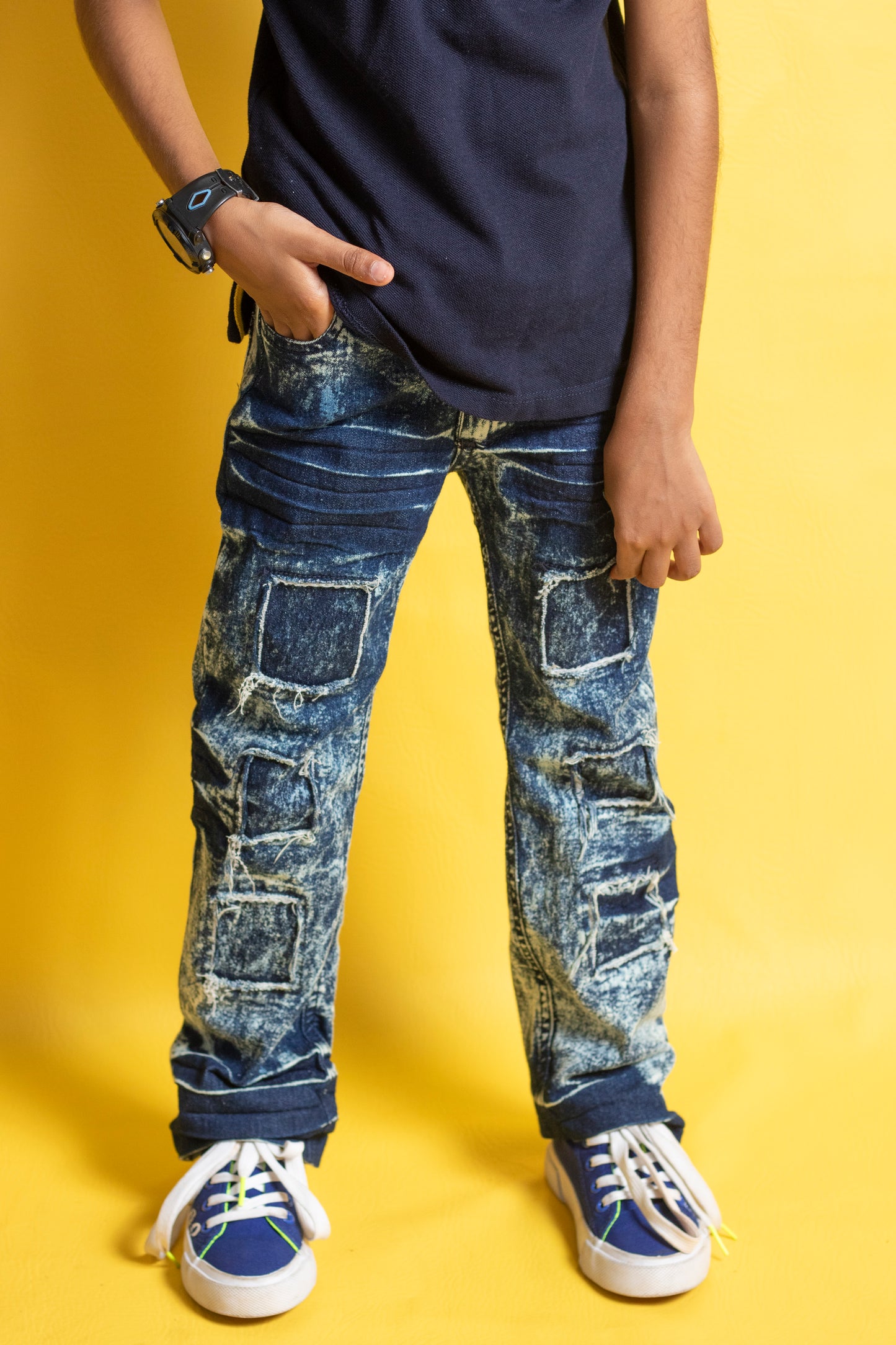 Big Boys 5 Pocket Straight Fit Jeans - Snow with Patches (BB114)