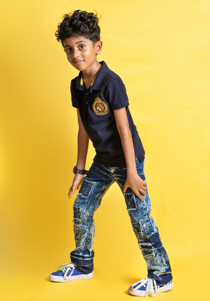 Big Boys 5 Pocket Straight Fit Jeans - Snow with Patches (BB114)