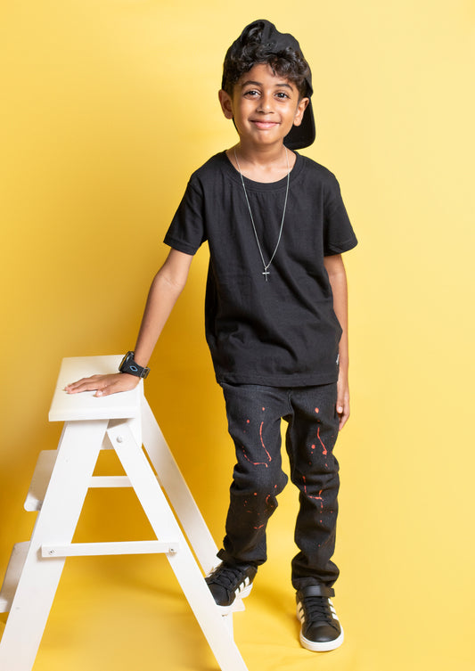 Little Boys 5 Pocket Skinny Fit Jeans with Red Paint Splash - Garment Wash (DK111)