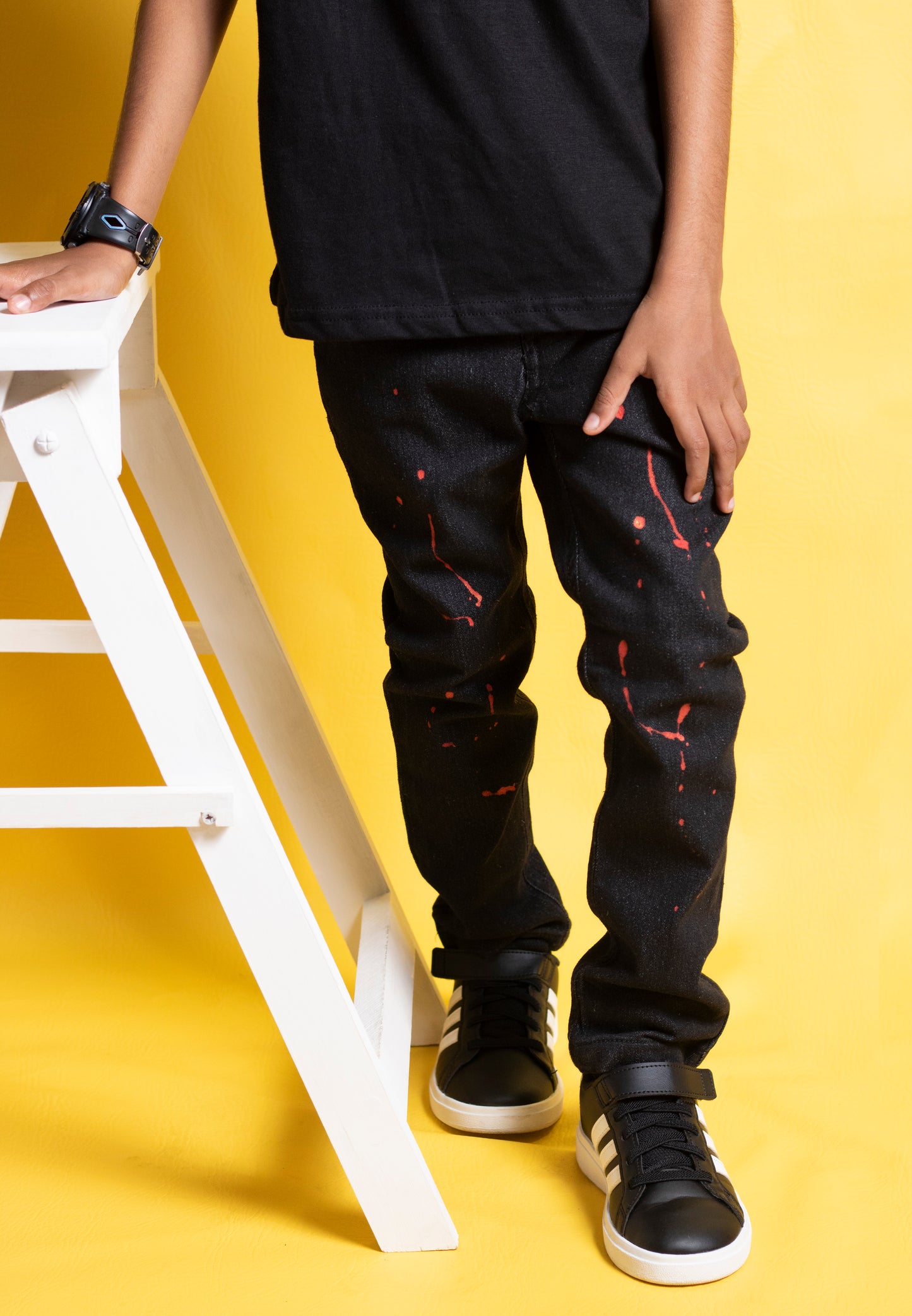 Little Boys 5 Pocket Skinny Fit Jeans with Red Paint Splash - Garment Wash (DK111)