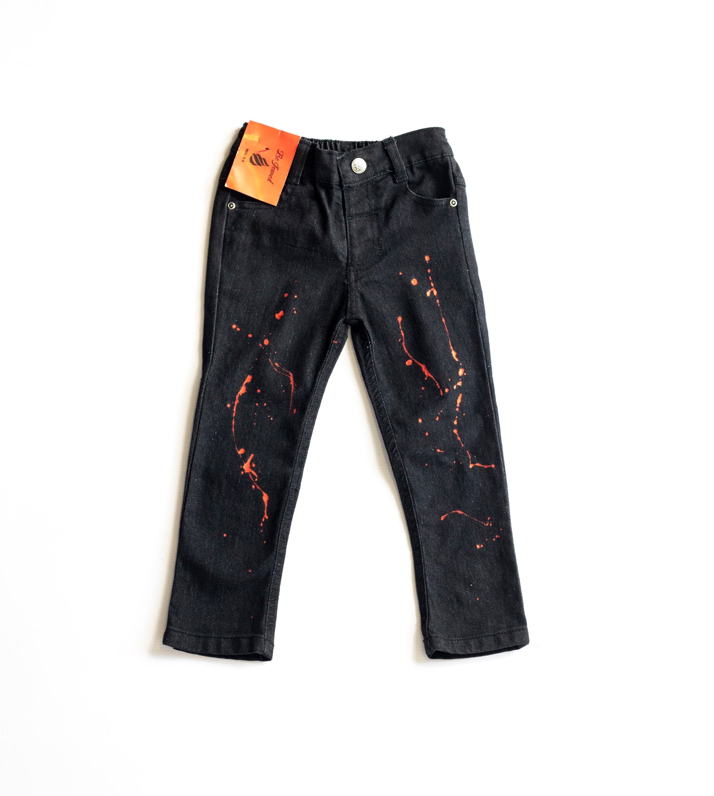 Little Boys 5 Pocket Skinny Fit Jeans with Red Paint Splash - Garment Wash (DK111)