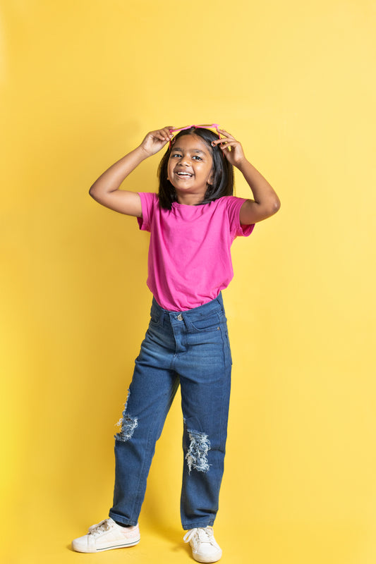 Big Girls 5 Pocket Balloon Fit Jeans with Distressed Detail (DK122)