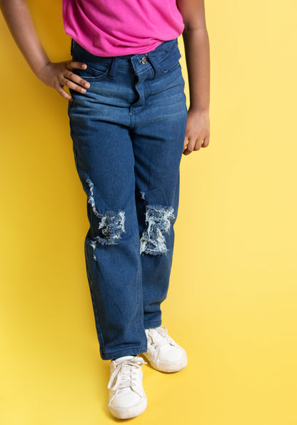 Big Girls 5 Pocket Balloon Fit Jeans with Distressed Detail (DK122)